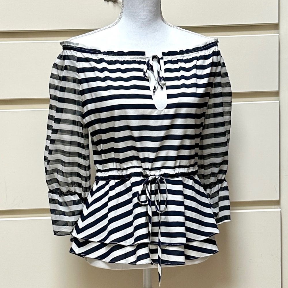 Alice + Olivia navy white stripe silk top size XS